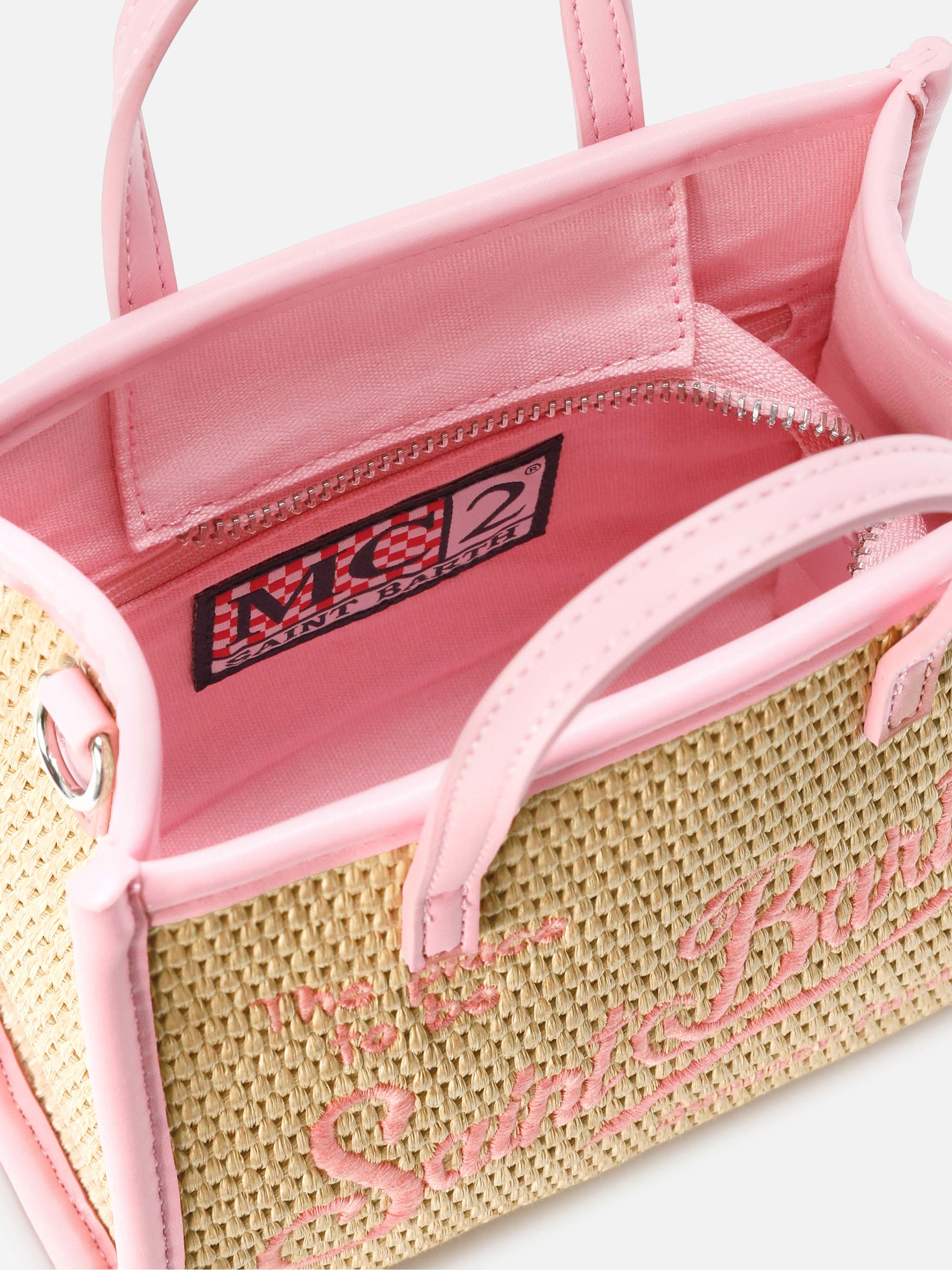 Borsa Vivian mini in tessuto effetto paglia con logo rosa ricamato