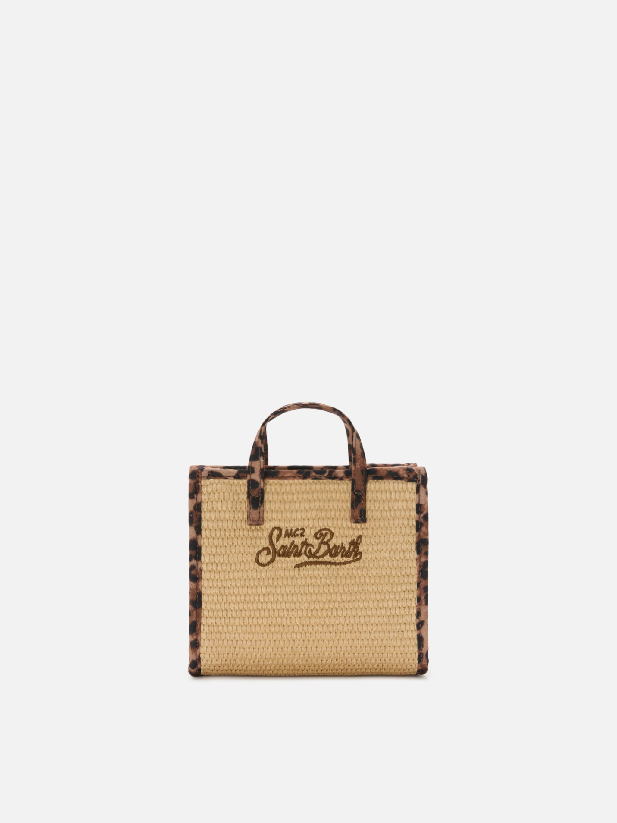 Borsa Vivian mini in tessuto effetto paglia con profili leopardati