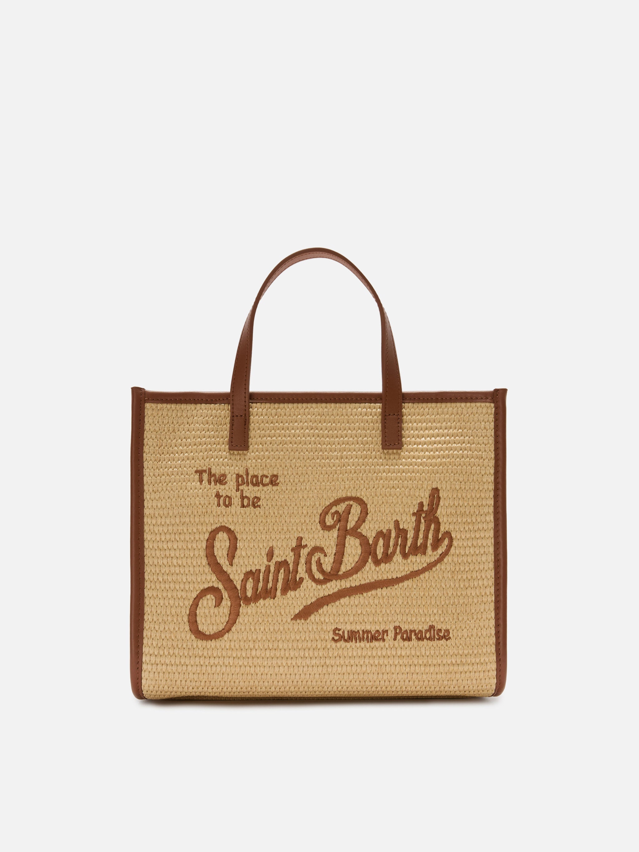 Borsa Vivian medium effetto paglia con logo marrone ricamato