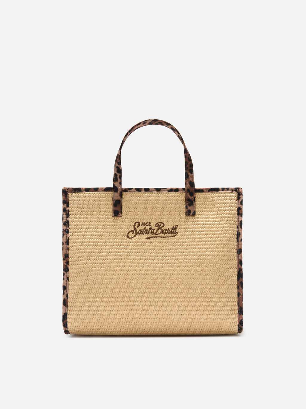 Borsa Vivian medium effetto raffia con patch logo leopardate