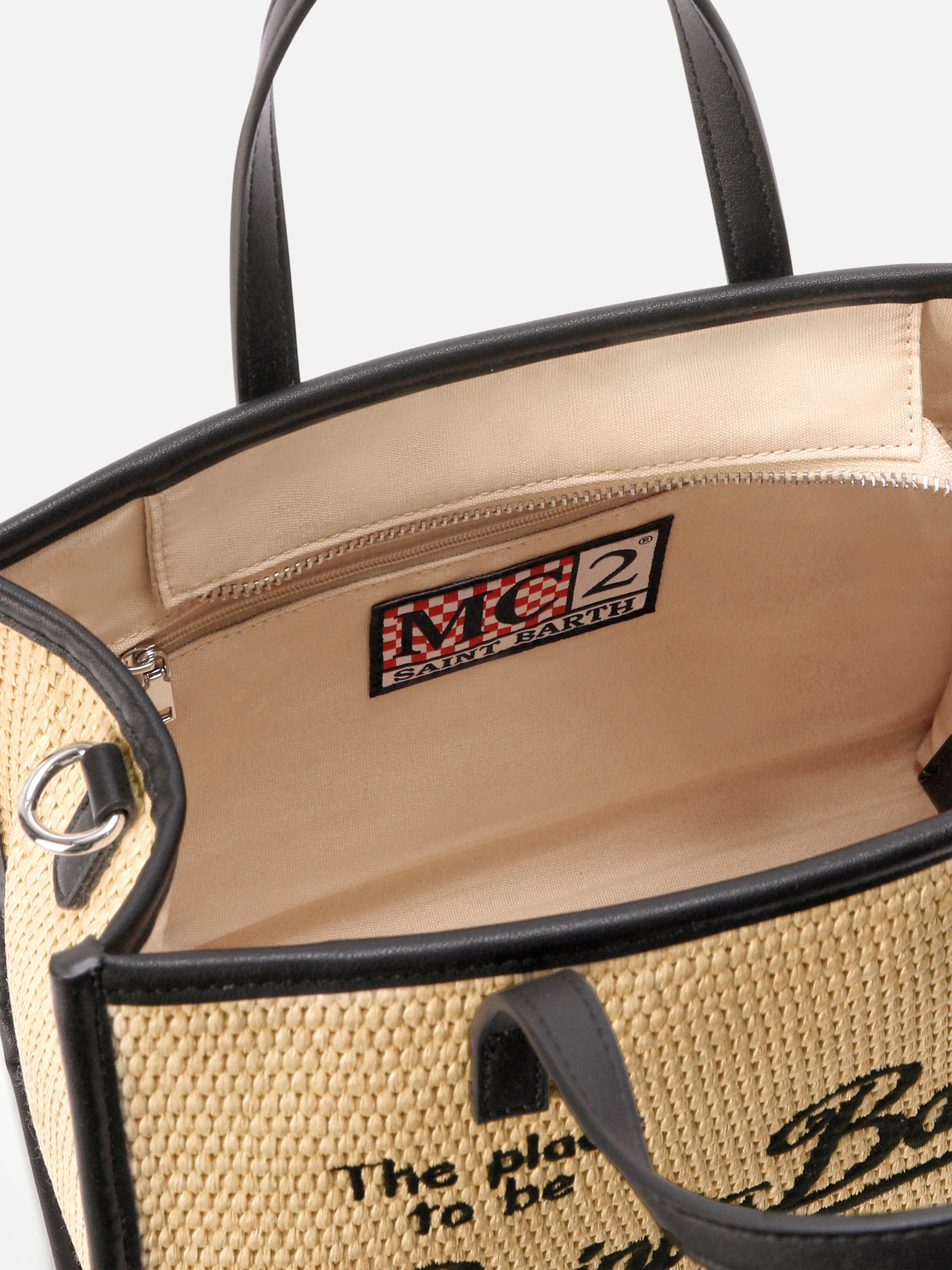Borsa Vivian medium effetto raffia con logo nero ricamato